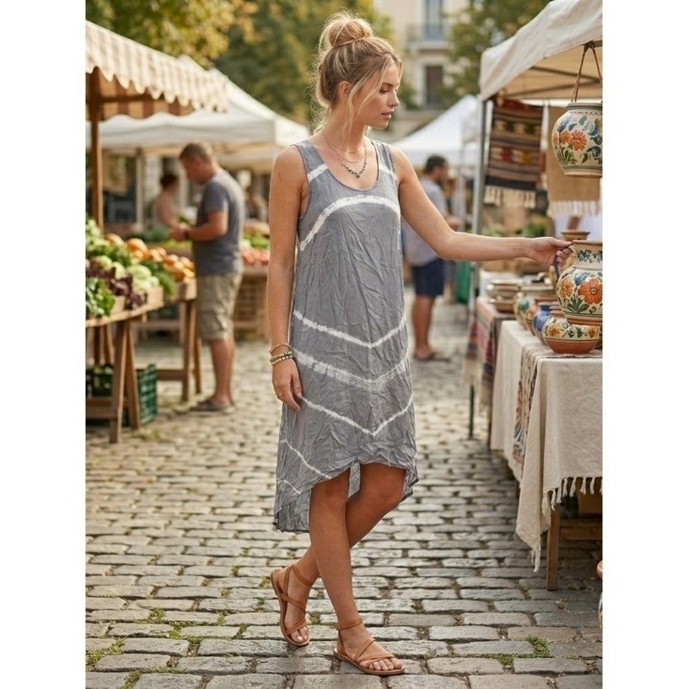 Mono B ANGL Sky Tie Dye Hi-Low Maxi Dress Grey Size Medium Boho Summer